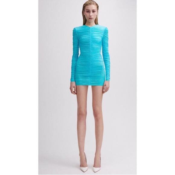 Alex Perry Crystal Embellished Ruched Jersey Long Sleeve Blue Mini Dress Sz 4 - Picture 5 of 15